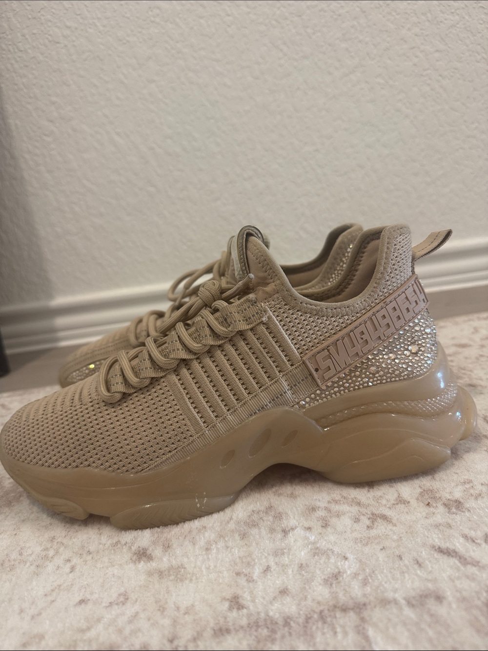 Steve Madden Tan Platform Knit Sneakers with Rhinestone Heel